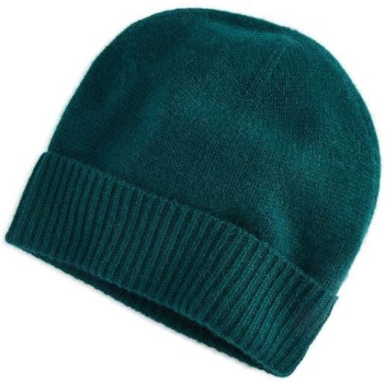  Womens 100% Cashmere Cuffed Beanie, Deep Alpine