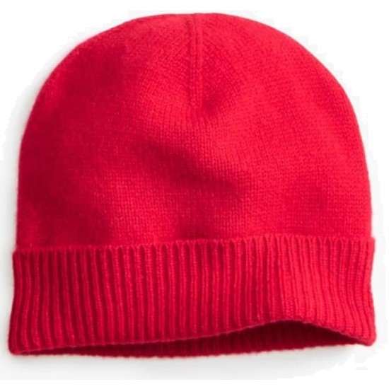  Womens 100% Cashmere Cuffed Beanie, Red