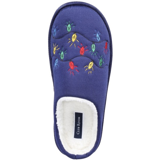  Mens Faux Fur Lined Embroidered Slide Slippers, Navy, Small