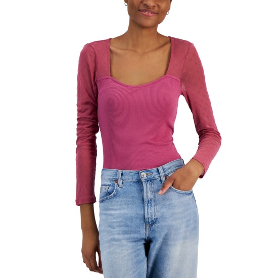  Juniors’ Flocked Illusion Mesh-Sleeve Top, Rose Berry, X-Large