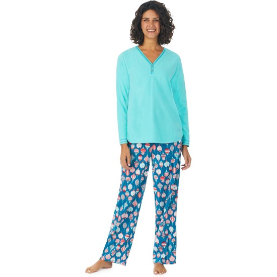  Microfleece Long Sleeve Henley Top 2-Pc Pajama Set, Teal, Small