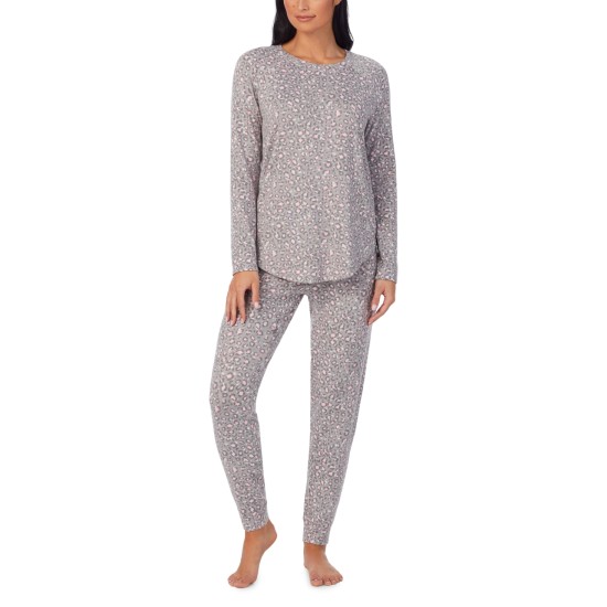  Women’s Brushed Sweater-Knit Long-Sleeve Pajama Set – Grey Leopard, Large