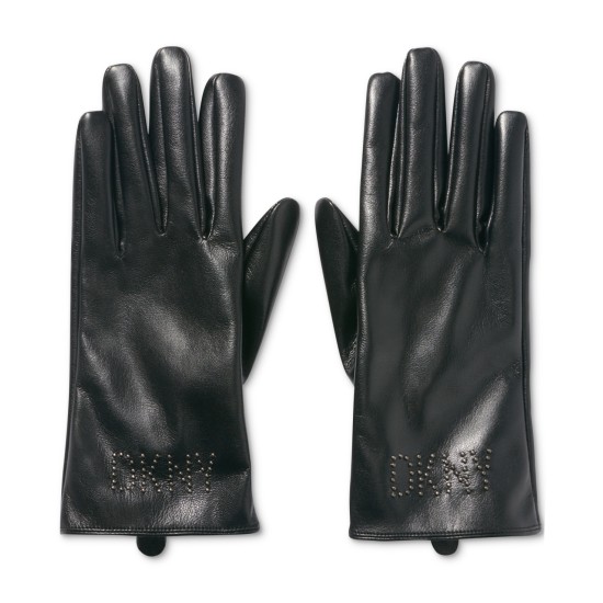  Women’s Studded Logo Faux-Leather Gloves – Black, M