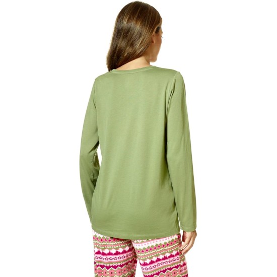  Women’s Long-Sleeve Crewneck Pajama Top – Loden Green, Large