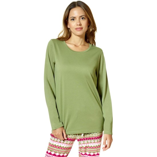  Women’s Long-Sleeve Crewneck Pajama Top – Loden Green, Large