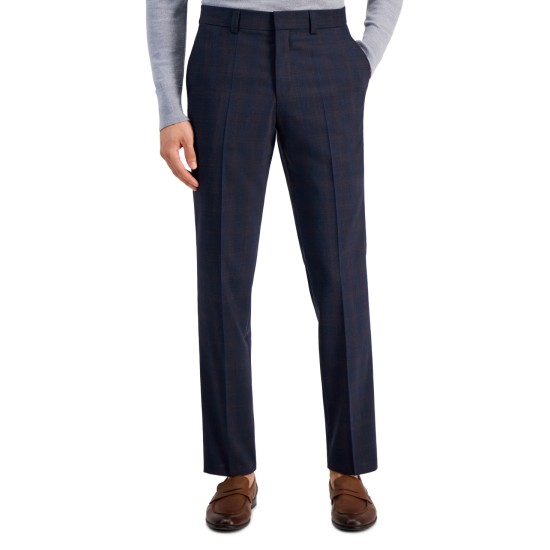  Men’s Modern-Fit Plaid Wool Blend Suit Trousers – Navy, 38R