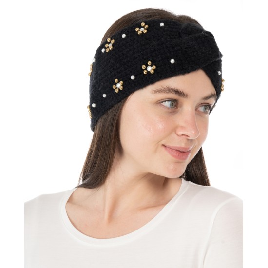  Embellished Knit Headband, Black