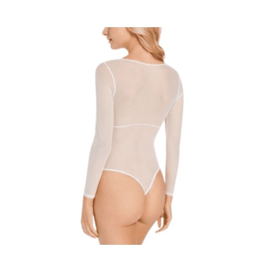  Not So Basic Long-Sleeve Lace Mesh Bodysuit, White, Small