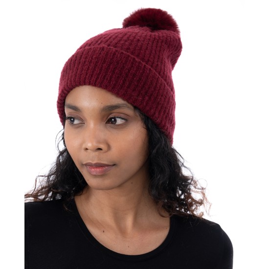  Women’s Faux-Fur Pom Pom Beanie, Wine