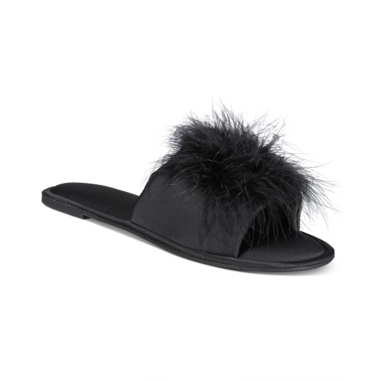  Women’s Satin Pom Slide Boxed Slippers, Deep Black, X-Large