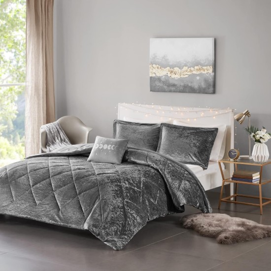  Felicia Velvet 4-Piece Full/Queen Duvet Cover Set – Grey