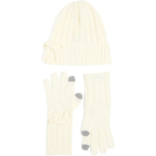  Bow Beanie & Tech-Friendly Gloves Boxed Set, French Cream