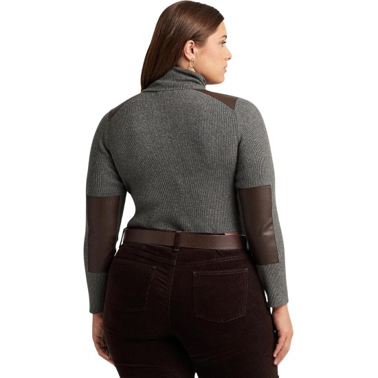  Plus Size Ribbed Elbow-Patch Turtleneck, Grey Heather, 1X