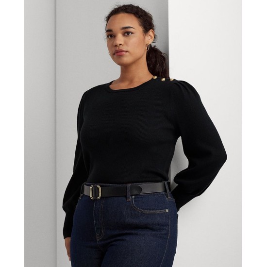  Plus Size Crewneck Puff-Sleeve Sweater, Black, 2X