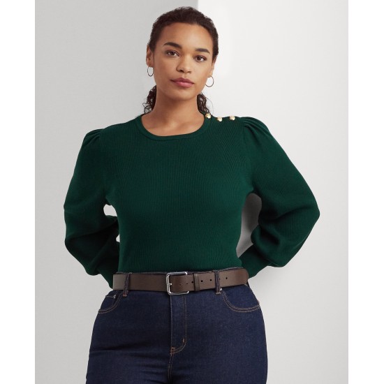  Plus Size Crewneck Puff-Sleeve Sweater, Season Green, 2X