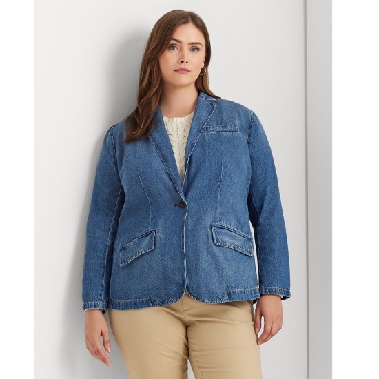  Plus Size One-Button Denim Blazer – City Blue Wash, 14W