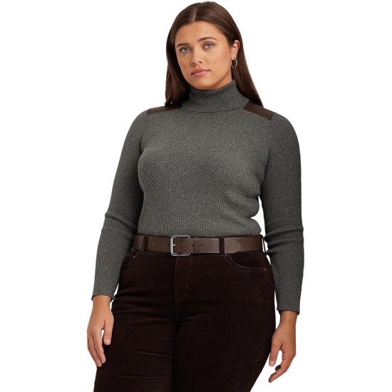  Plus Size Ribbed Elbow-Patch Turtleneck, Grey Heather, 1X