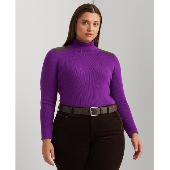  Plus Size Ribbed Elbow-Patch Turtleneck, Purple, 1X