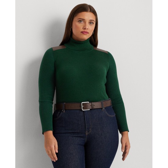  Plus Size Ribbed Elbow-Patch Turtleneck – Season Green, 1X