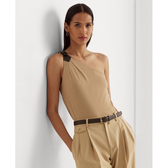  Women’s Buckle Trim Jersey One Shoulder Top, Large, Camel