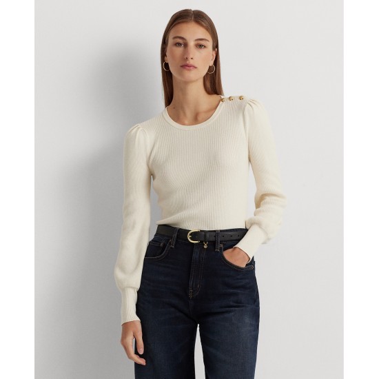  Women’s Button-Trim Ribbed Cotton-Blend Sweater – Mascarpone Cream, Medium