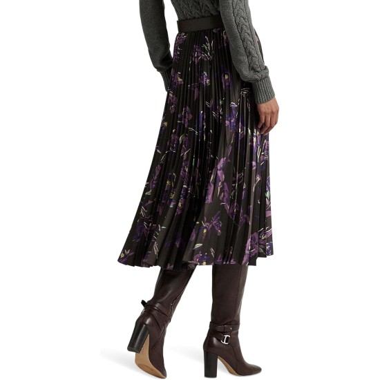  Women’s Floral Pleated Satin Charmeuse Skirt, Brown/Purple/Multi 14