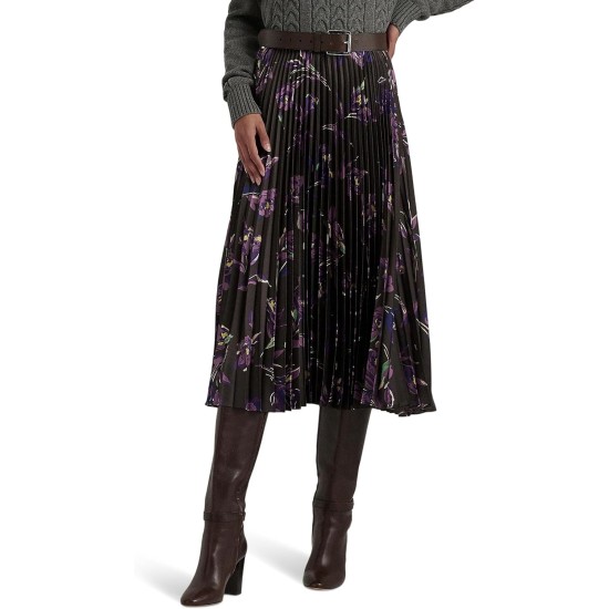  Women’s Floral Pleated Satin Charmeuse Skirt, Brown/Purple/Multi 14