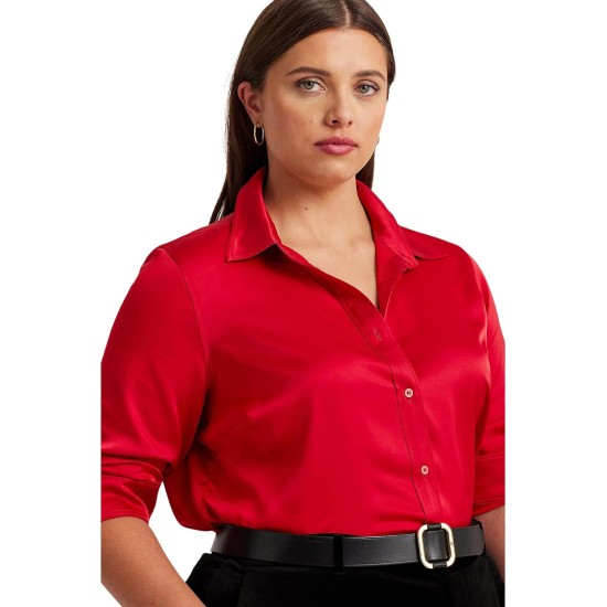  Women’s Plus Size Satin Charmeuse Shirt, Martin Red, 1X