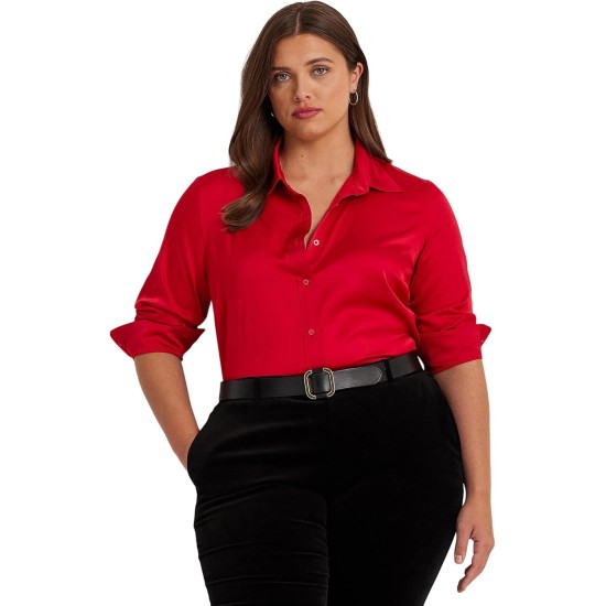  Women’s Plus Size Satin Charmeuse Shirt, Martin Red, 1X