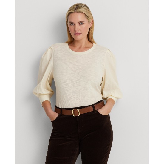  Women’s Plus-Size Jersey & Poplin Puff-Sleeve Top, Cream,3X