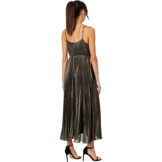  Pleated Party MIDI Dress – Women’s Clothing Dresses Shirt Midi Dress, Gold, X-Large