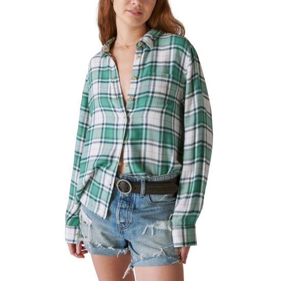  Women’s Cloud Plaid Boyfriend Flannel Shirt, Mineral Blue Plaid, XX-Large