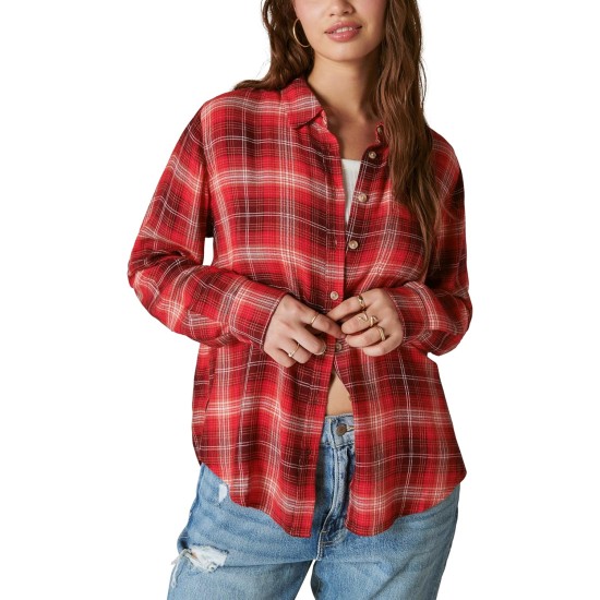  Women’s Cloud Plaid Boyfriend Shirt, Grape Wine Plaid, 2XL