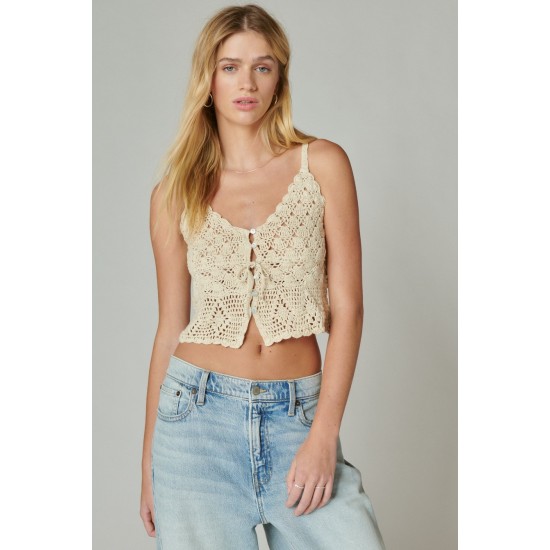  Womens Crochet Tie Front Tank Tops, Gardenia,Small