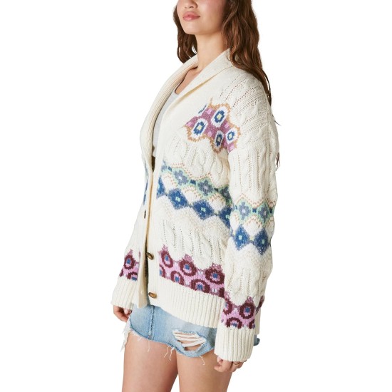  Women’s Intarsia Shawl Collar Cardigan, Whisper White Combo, Large