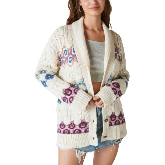  Women’s Intarsia Shawl Collar Cardigan, Whisper White Combo, Large