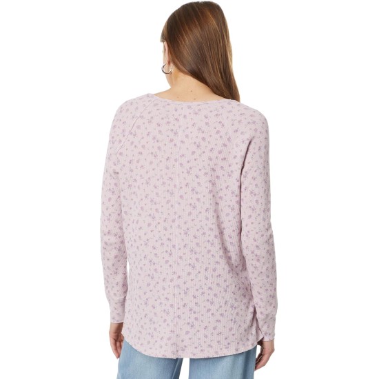  Women’s Oversized V-Neck Waffle Thermal Top, Pink Floral Print, X-Large