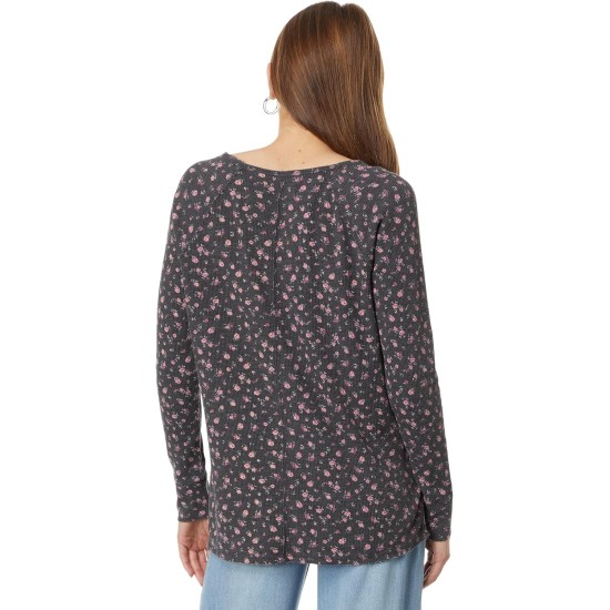  Women’s Oversized V-Neck Waffle Thermal Top, Black Flower Print, Medium