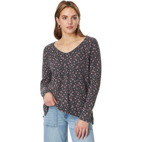  Women’s Oversized V-Neck Waffle Thermal Top, Black Flower Print, Medium