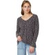  Women’s Oversized V-Neck Waffle Thermal Top, Black Flower Print, Medium