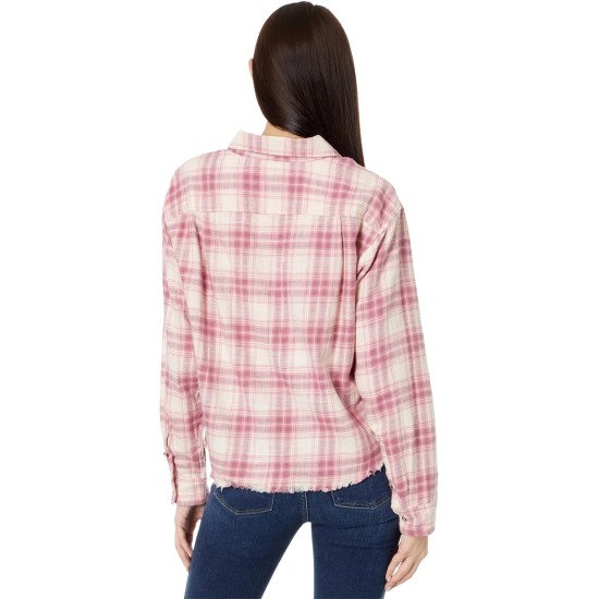  Women’s Raw Edge Cropped, Pink Blush Plaid, X-Large