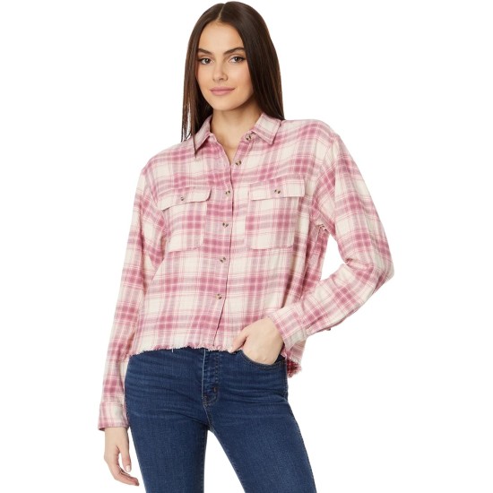  Women’s Raw Edge Cropped, Pink Blush Plaid, X-Large