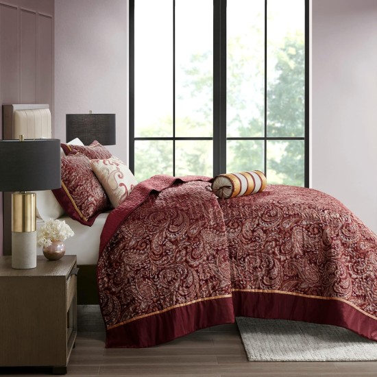  Adeline Paisley 5 Piece Reversible Jacquard Bedspread Set, King – Burgundy