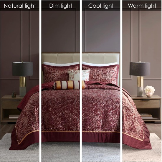  Adeline Paisley 5 Piece Reversible Jacquard Bedspread Set, King – Burgundy