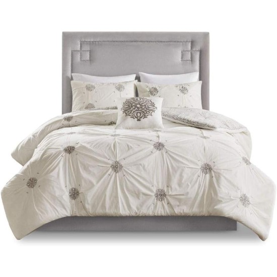  Edna Embroidered Cotton Reversible Duvet Cover Set, King/California King, Grey/Ivory