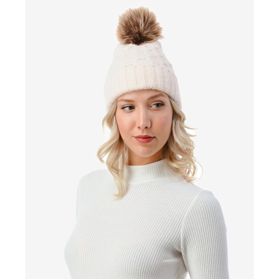  Women’s Cable Knit Pom Beanie with Cuff – Ivory