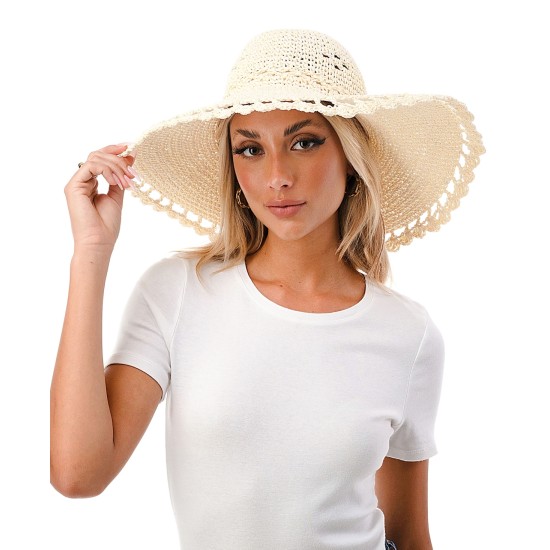  Women’s Scalloped Floppy-Brimmed Straw Sun Hat – Ivory