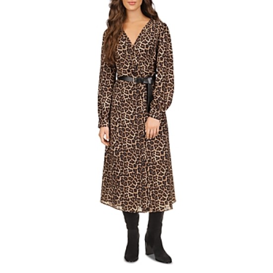  Cheetah Print Belted Shirt Dress, Camel, X-Small