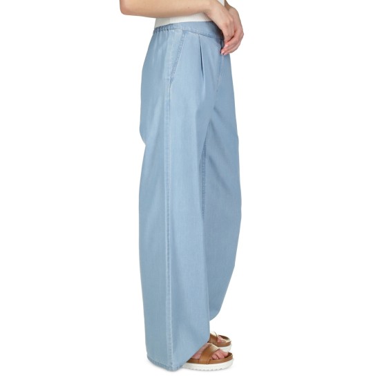  Petite Chambray Elastic-Back Wide-Leg Pull-on PantsS, Sky Blue Wash, P/XS