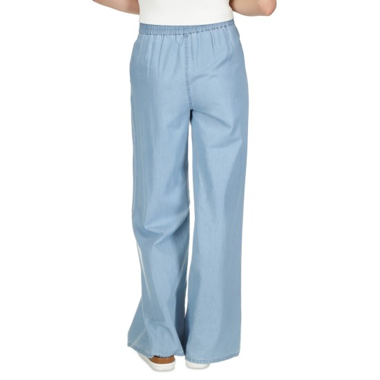  Petite Chambray Elastic-Back Wide-Leg Pull-on PantsS, Sky Blue Wash, P/XS